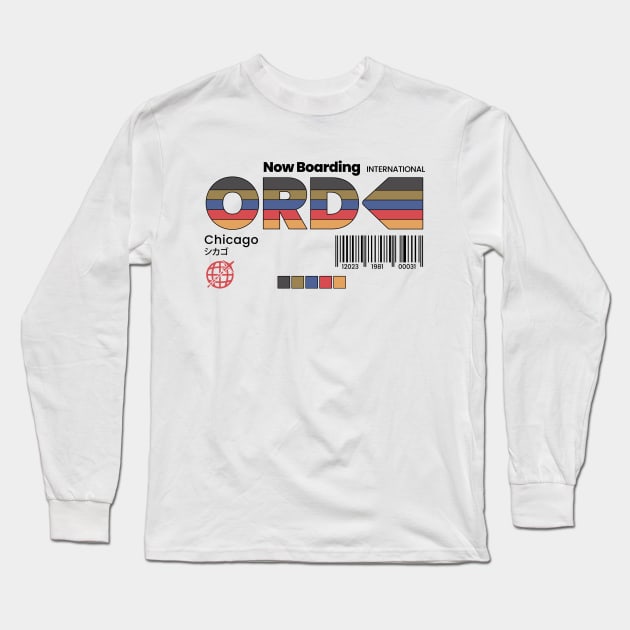 Vintage Chicago ORD Airport Label Retro Travel Illinois Long Sleeve T-Shirt by Now Boarding